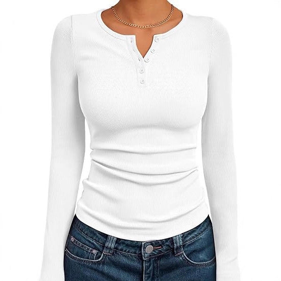 Damen Longsleeve Shirt mit Knopfleiste & Figurbetontem Schnitt Weiß