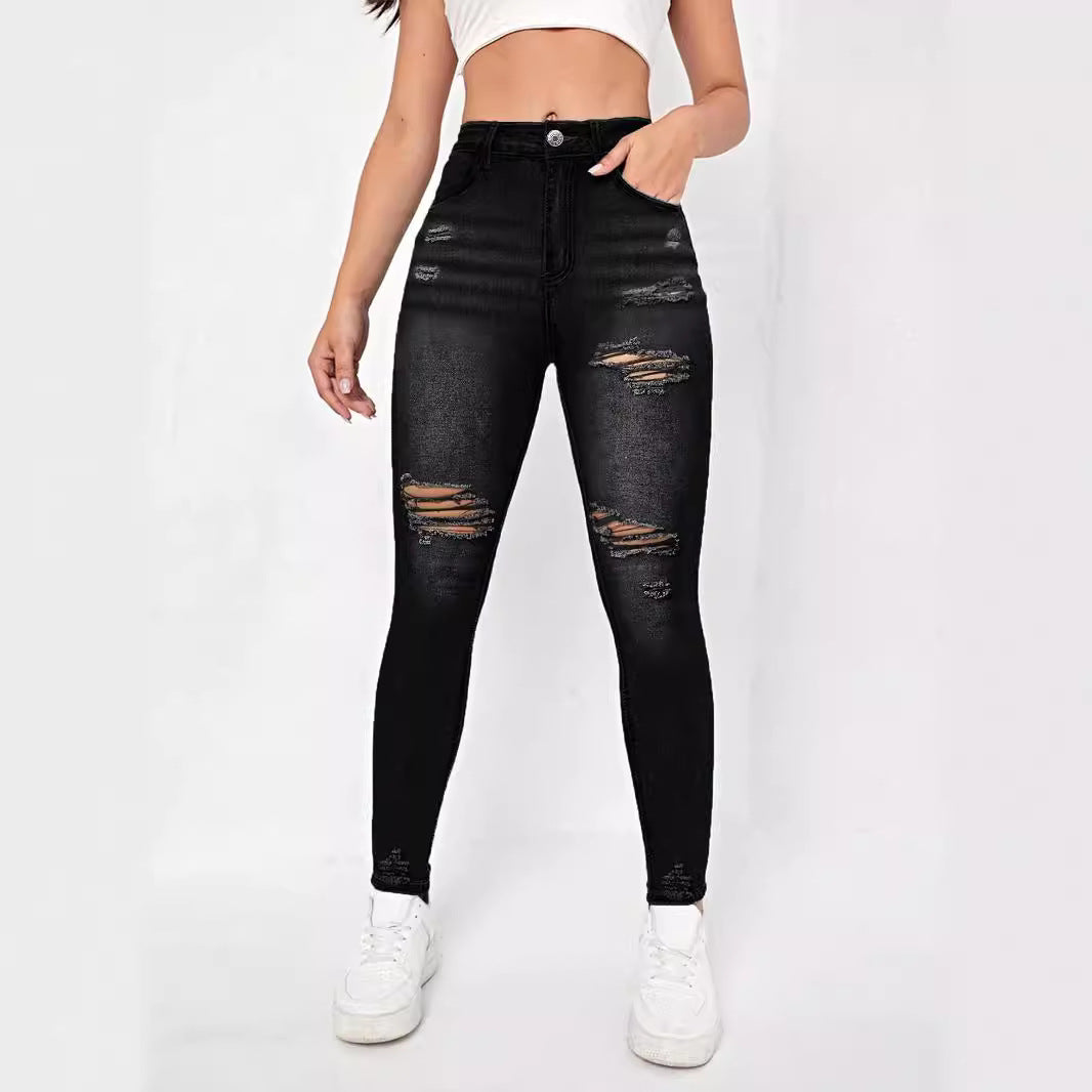Damen Skinny Jeans mit modischen Rissdetails und hohem Bund Stalluxe