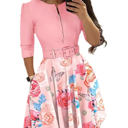 Damen A-Linien Kleid mit tailliertem Gürtel und floralem Muster Stalluxe