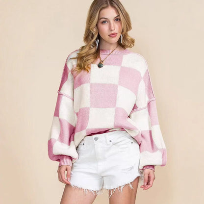 Damen Oversized Pullover mit Karomuster und voluminösen Ärmeln Stalluxe