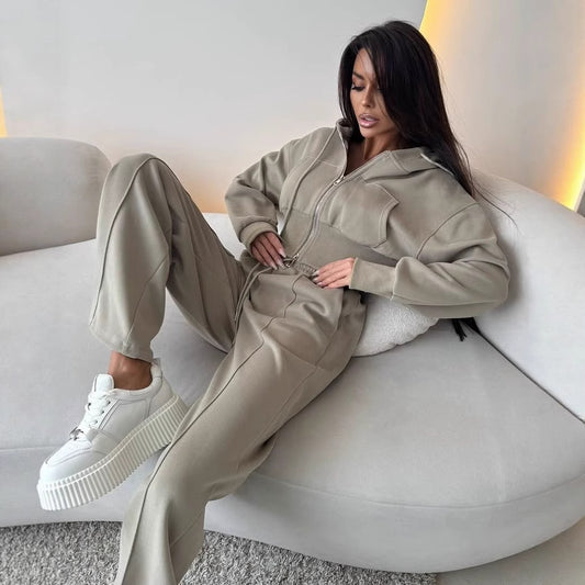 Damen sportliches Cropped Sweat-Set mit elastischem Bund und hohen Taschen Stalluxe