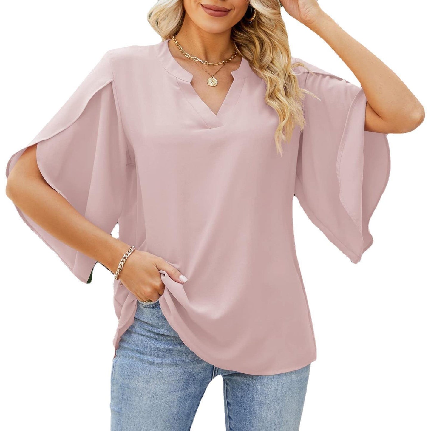Damen Blusenshirt mit weiten Ärmeln und V-Ausschnitt Stalluxe