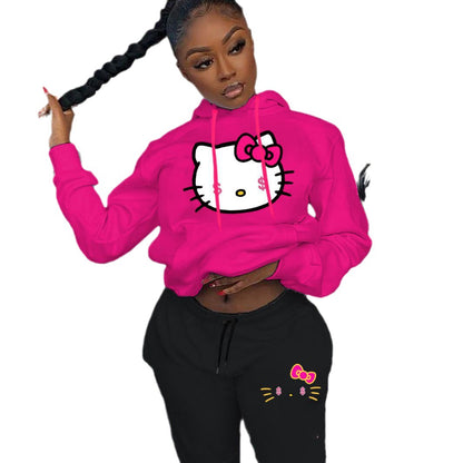 Damen Kapuzenpullover und Jogginghose Set mit kreativem Hello Kitty Motiv Stalluxe