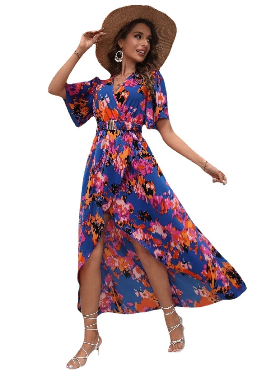 Damen Elegantes Maxikleid mit floralem Druck und Gürtel Stalluxe