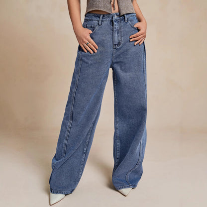 Damen Weit geschnittene Denim-Hose mit hohem Bund und modischen Nähten Stalluxe