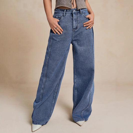 Damen Weit geschnittene Denim-Hose mit hohem Bund und modischen Nähten Stalluxe