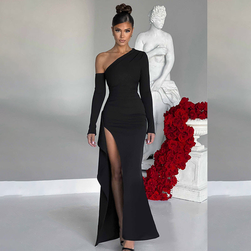 Damen Elegantes Maxikleid mit asymmetrischem One-Shoulder-Design und hohen Beinschlitzen Stalluxe