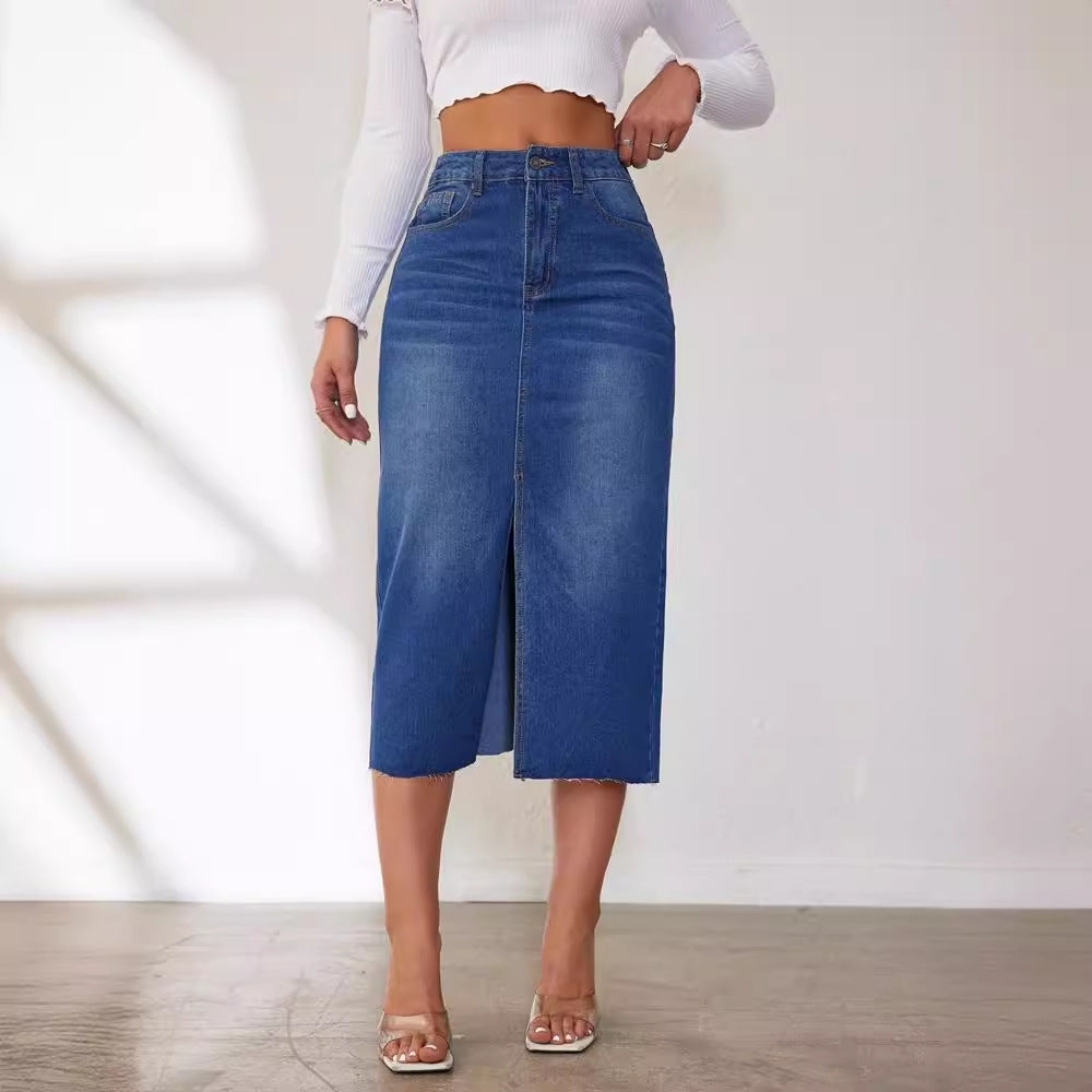 Damen Jeansrock mit hoher Taille und seitlichem Schlitz Stalluxe