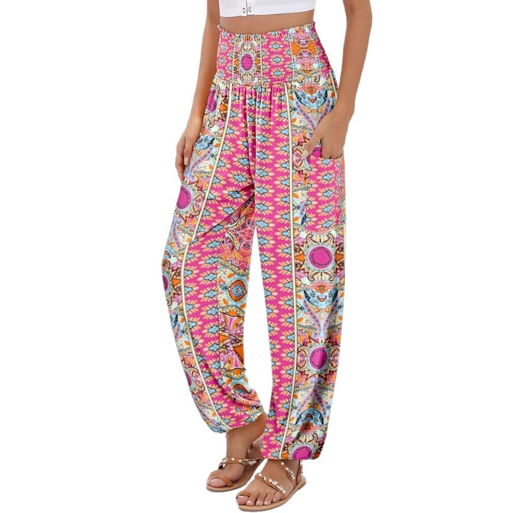 Damen weite Palazzo-Hose mit buntem Paisleymuster und elastischem Bund Stalluxe