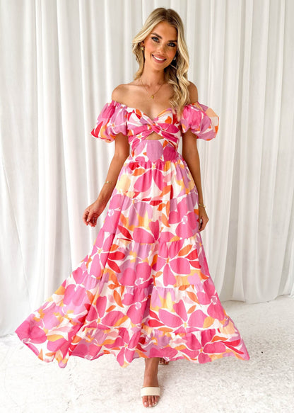 Damen Maxikleid mit voluminösen Puffärmeln und floralem Print Stalluxe