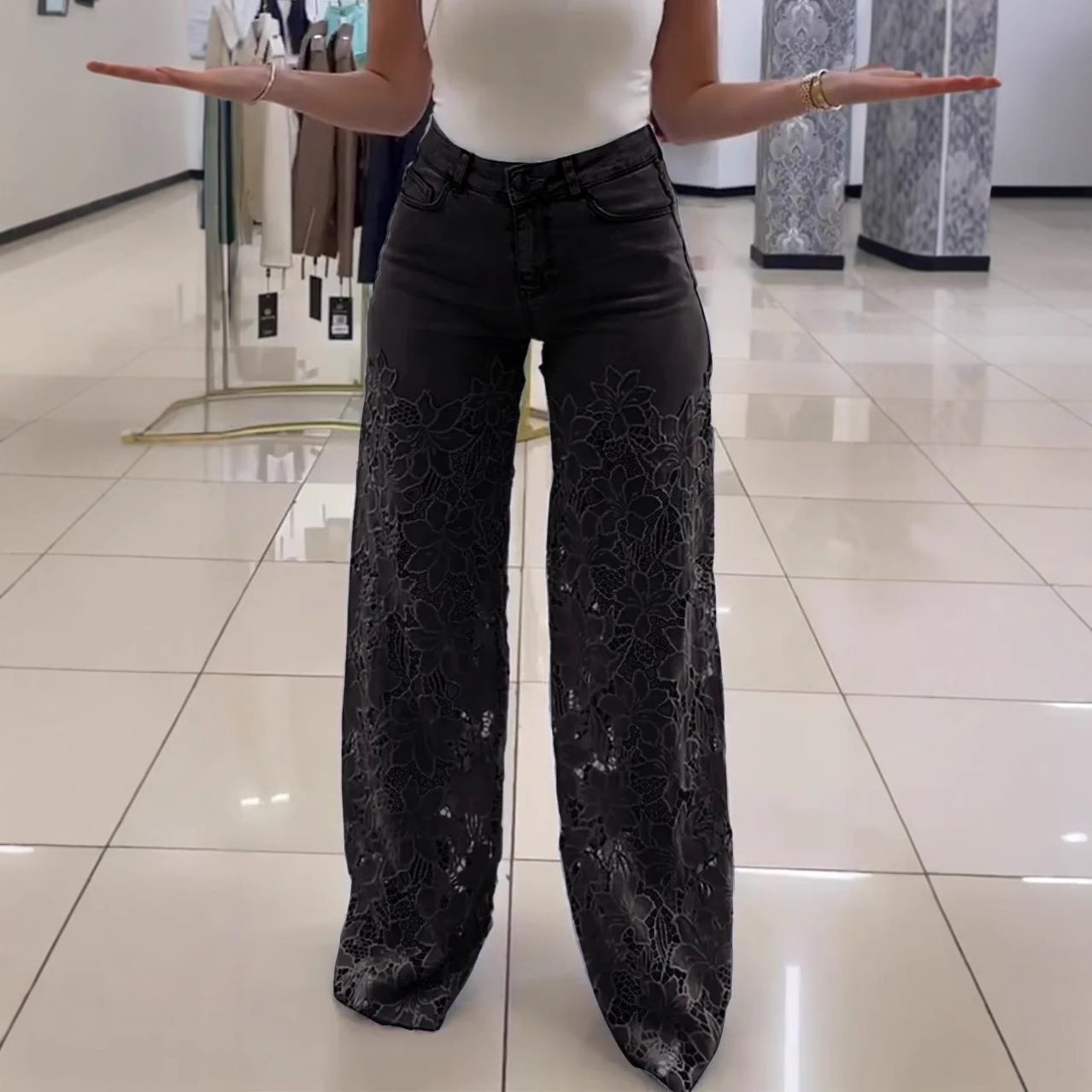 Damen Weite Palazzo-Jeans mit floralem Spitzenmotiv Stalluxe