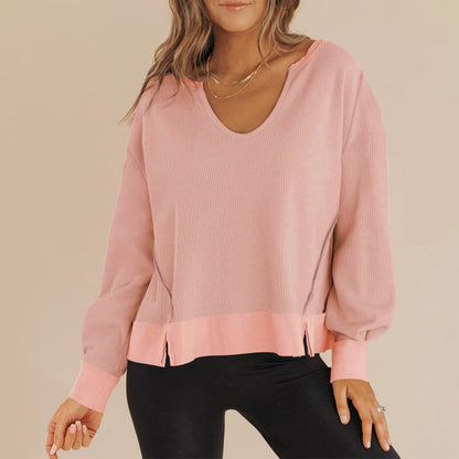 Damen Lässiger Pullover mit V-Ausschnitt und seitlichen Schlitzen Stalluxe