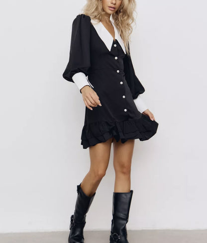 Damen Kleid mit Kontrastkragen und Rüschendetails Stalluxe