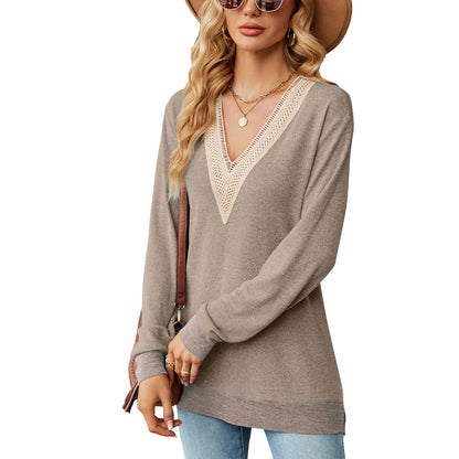 Damen Viskose Pullover mit verspieltem V-Ausschnitt und feinen Häkelakzenten Stalluxe