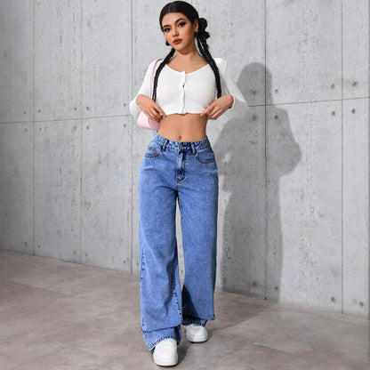 Damen Weite Denim-Hose mit hohen Taschen Stalluxe