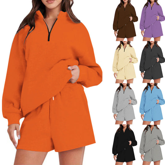Damen bequemen Freizeit-Sweatanzug mit halbem Reißverschluss und Shorts Stalluxe