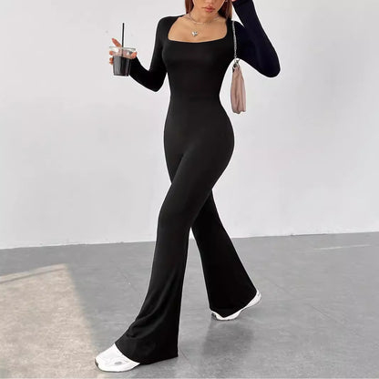 Damen Eleganter und figurbetonter Jumpsuit mit weitem Bein und langen Ärmeln Stalluxe