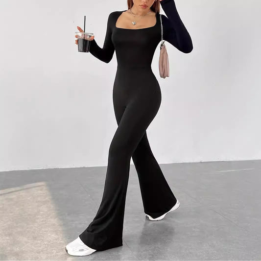Damen Eleganter und figurbetonter Jumpsuit mit weitem Bein und langen Ärmeln Stalluxe