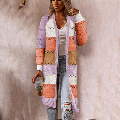 Damen Strickjacke im Retro-Patchwork-Stil mit langen Ärmeln und offenen Front Stalluxe