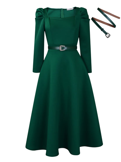 Damen Midikleid mit eleganten Puffärmeln und Gürtel Stalluxe