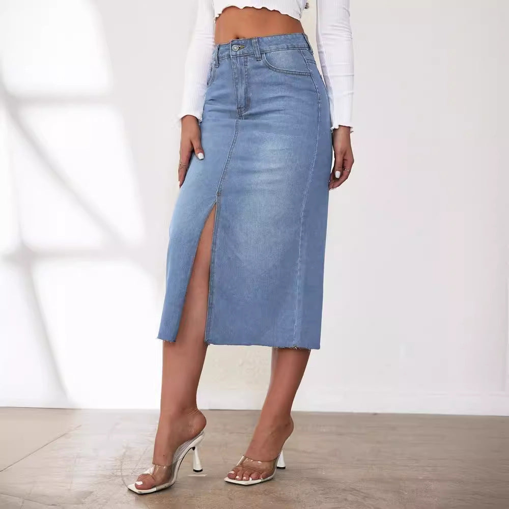 Damen Jeansrock mit hoher Taille und seitlichem Schlitz Stalluxe