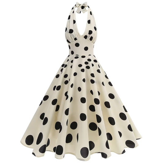 Damen Retro Maxikleid mit fröhlichen Punkten und elegantem Halterdesign Stalluxe