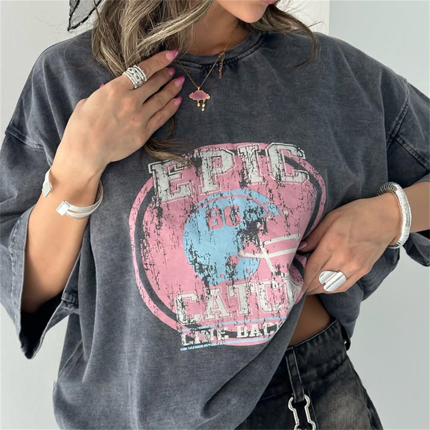 Damen Oversized T-Shirt mit Grafischem Print Stalluxe Grau-Rosa