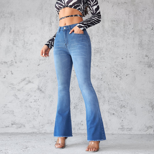 Damen Flared Jeans mit hohen Bund und ausgefranstem Saum Stalluxe