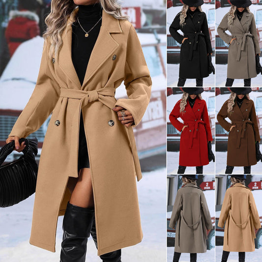 Damen eleganter Wollmantel mit doppelter Knopfleiste und Taillengürtel Stalluxe