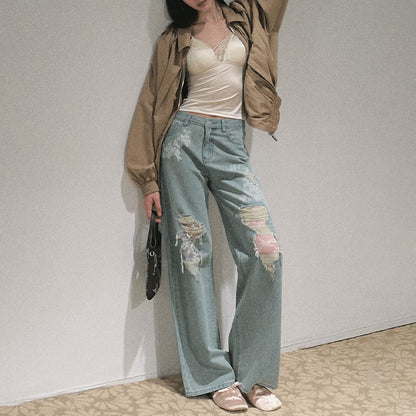 Damen Weit geschnittene Jeans mit individuellen Destroyed-Details und floralem Print Stalluxe