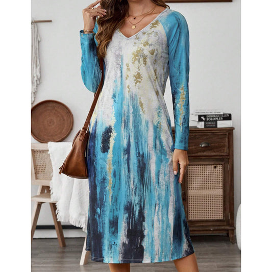 Damen Langarmkleid mit farbenfrohem, abstraktem Muster Stalluxe