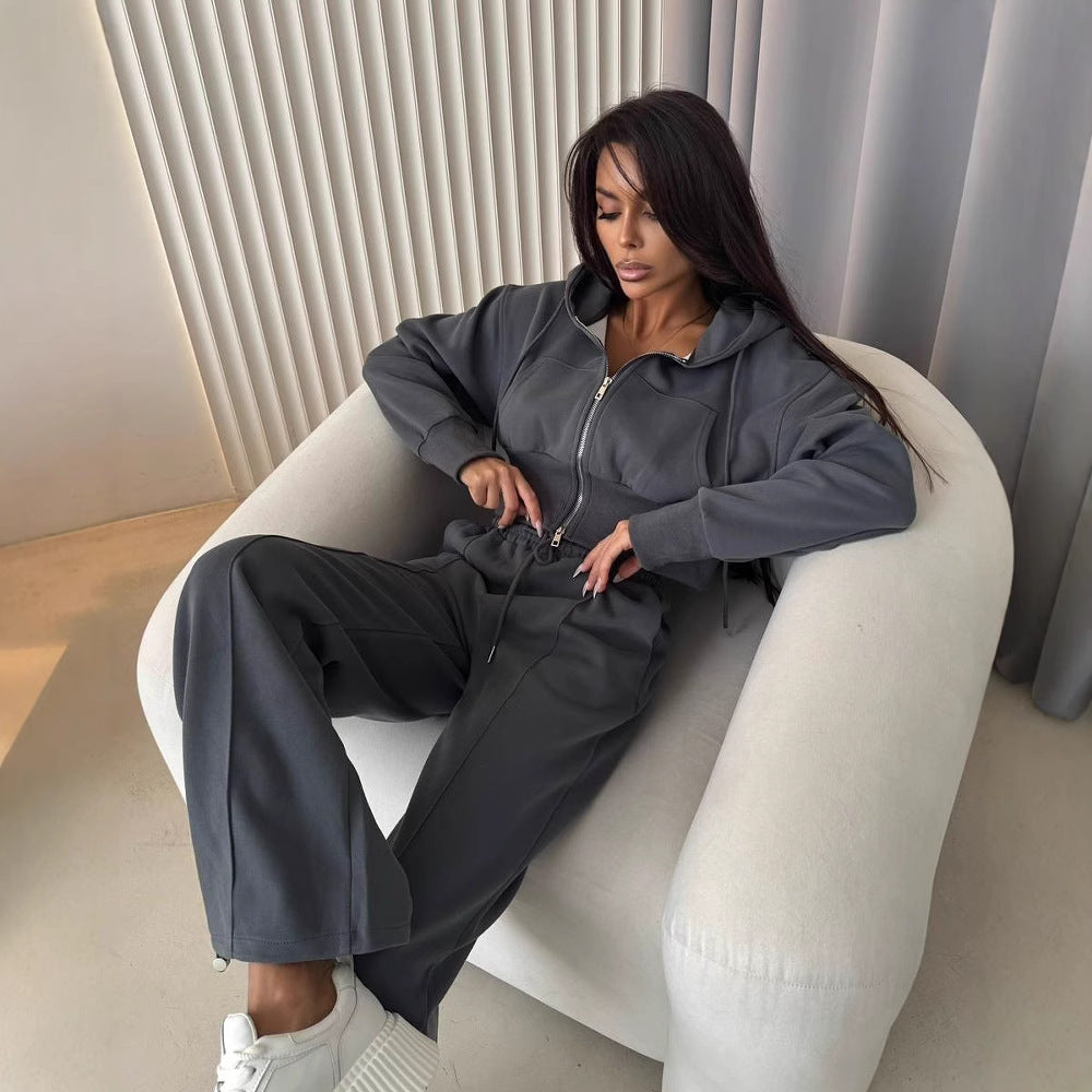 Damen sportliches Cropped Sweat-Set mit elastischem Bund und hohen Taschen Stalluxe