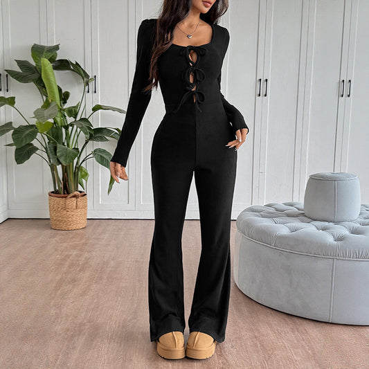 Damen Jumpsuit mit dekorativer Schnürung und langen Ärmeln Stalluxe