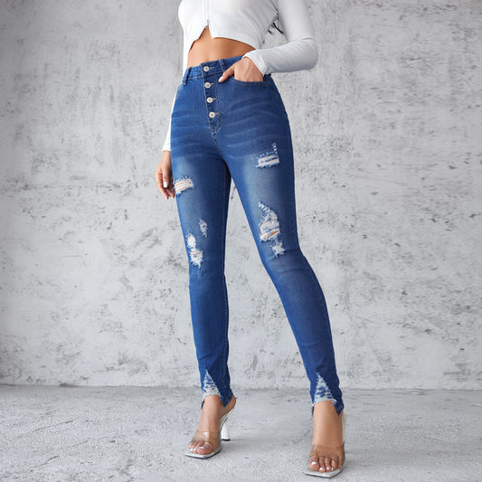 Damen Skinny Jeans mit stylishen Destroyed-Details und fransigem Saum Stalluxe
