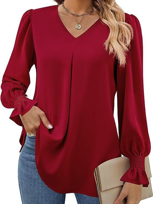 Damen elegante Bluse mit V-Ausschnitt und voluminösen Ärmeln Stalluxe