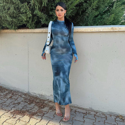 Damen figurbetontes Maxikleid mit langen Ärmeln und modernem Batikmuster Stalluxe