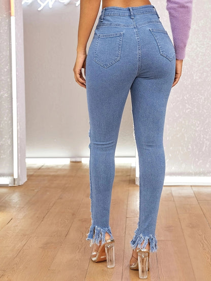 Damen Ripped High-Waist Jeans mit modischen Fransen und Destroyed-Effekten Stalluxe