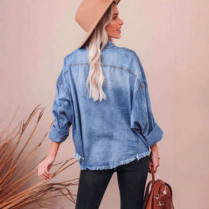 Damen Lässige Denimbluse mit Fransen und aufgesetzten Taschen Stalluxe