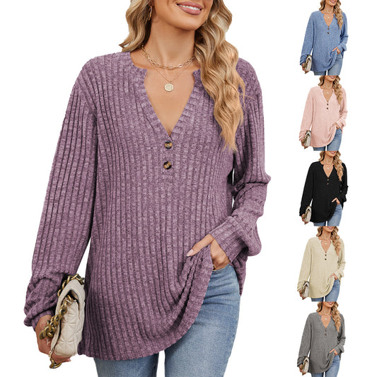 Damen Langarmshirt mit strukturiertem V-Ausschnitt und Knopfdetails Stalluxe