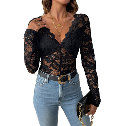 Damen Spitzenbody mit elegantem V-Ausschnitt und transparenten Ärmeln Stalluxe