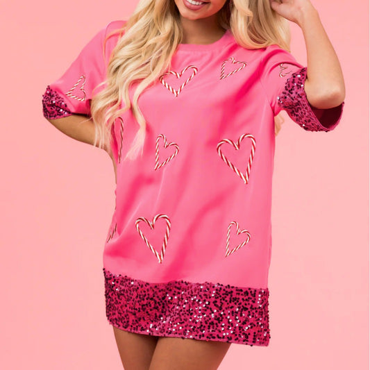 Damen Sportliches T-Shirt mit frechem Herzmotiv und glitzernden Ärmeln Stalluxe