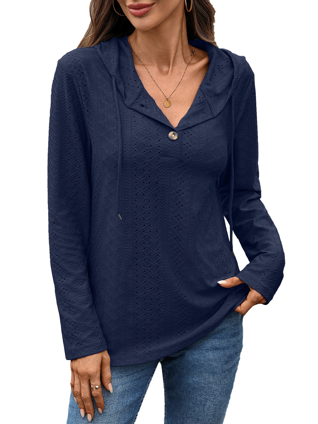 Damen Blusenshirt mit feinem Lochmuster und Kapuze Stalluxe