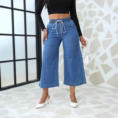 Damen weite Denim-Hose mit elastischem Bund und Kordelzug Stalluxe