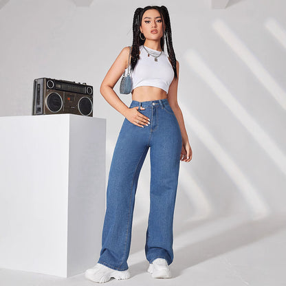 Damen Weit geschnittene Hochbund-Jeans mit elastischem Taillenband und lässigem Look Stalluxe