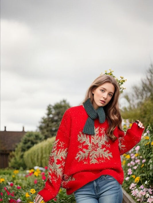Damen Weihnachts-Pullover mit festlichem Schneeflocken-Motiv und weitem Schnitt Stalluxe