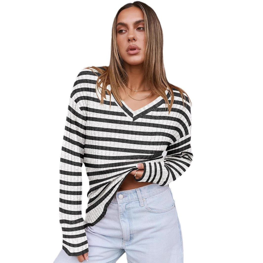 Damen lässiges gestreiftes V-Ausschnitt Sweatshirt mit hoher Dehnbarkeit Stalluxe