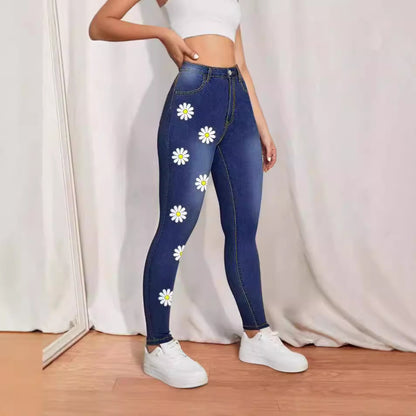 Damen Hochtaillierte Skinny-Jeans mit stilvollen Blumenapplikationen Stalluxe