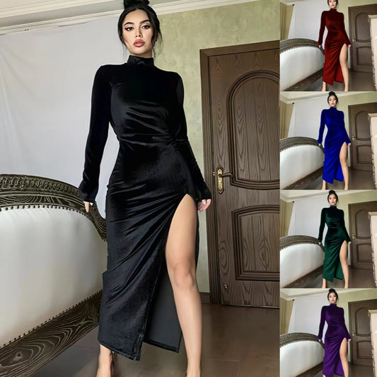 Damen Elegantes Langarm-Wickelkleid aus weichem Veloursstoff mit hohem Schlitz Stalluxe