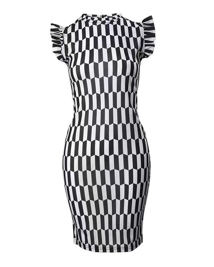 Damen Figurbetontes Kleid mit Rüschendetails und geometrischem Muster Stalluxe