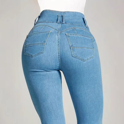 Damen High-Waist Skinny Jeans mit Knopfdetails und figurbetontem Schnitt Stalluxe